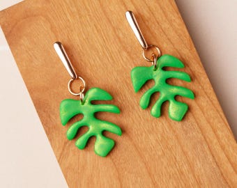 Monstera Leaf polymer clay dangle earrings