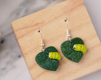 Handmade Polymer Clay Caterpillar Leaf Earrings