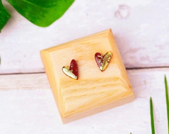 Gold and Crimson Heart Stud Earrings. Handmade with polymer clay