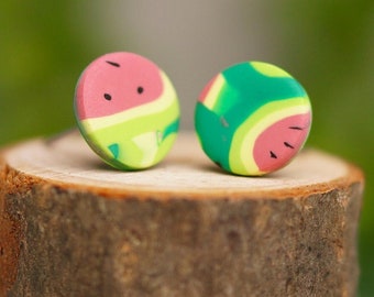 Cute watermelon inspired polymer clay studs, vibrant earrings