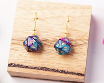 Mini D20 Dice Dangle Earrings – Acrylic Gaming Earrings in Various Colours