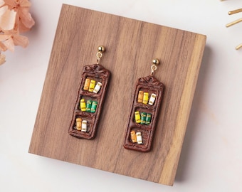 Bookshelf earrings handmade with polymer clay