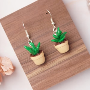 May include: Silver-tone drop earrings with miniature succulent plants in beige pots. The earrings are displayed on a wooden surface. The background is blurred, showing dried flowers and a white vase.