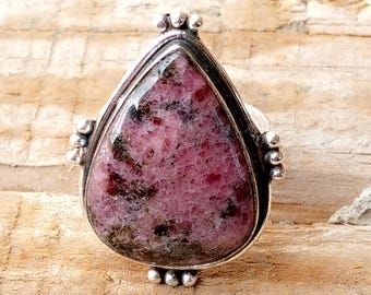 Handmade Rhodonite Gemstone Ring: 925 Sterling Silver Boho Statement