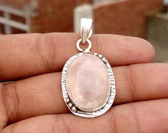 Women Gemstone Handmade Statement Rose Quartz Pendant, 925 Sterling Silver Christmas Gifts Pendant,