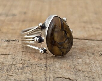 Handmade Petrified Wood Ring: Sterling Silver Teardrop Gemstone, Boho Rustic Jewelry