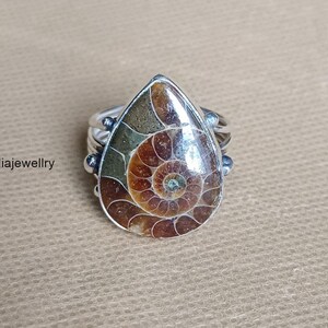 May include: A silver ring featuring a teardrop-shaped fossilized ammonite. The fossil displays a spiral pattern in shades of brown, tan, and green, set in a silver band. The ring is a unique piece of jewelry.