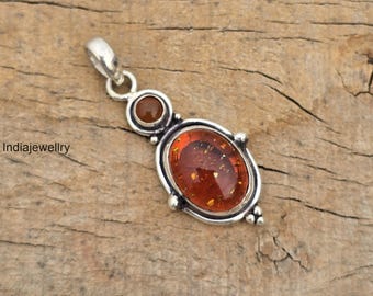 Pendentif fait main en argent sterling et cornaline en ambre : bijoux bohèmes