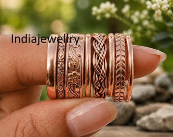 Solid Copper Ring, Set of 8 Stacking Rings, Handmade Copper Rings, Stacking Band Ring, Woman Gift, Different Design Ring Health Benefit Ring