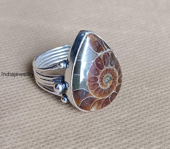 Handmade Ammonite Gemstone Ring, 925 Sterling Silver, Boho Fossil Jewelry, Woman Jewellery, Pear Shape Ring, Unisex Ring, Gift jewellery,