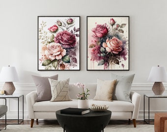 Set of 2 Pink Roses Printable Wall Art Instant Download Flower Print Watercolor Painting Printable Flower Poster