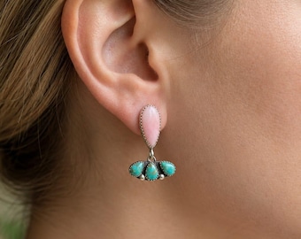 Pendientes colgantes de coral rosa y turquesa, pendientes colgantes de plata de ley 925 estilo suroeste, racimo de lágrima estilo bohemio nativo americano