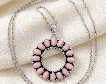 Collar con colgante redondo de ópalo rosa auténtico, joyería de plata de ley estilo suroeste.