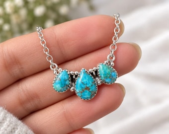 Collar con colgante de pera de turquesa Kingman auténtica, joyería del suroeste de plata de ley.