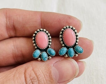 Pendientes de turquesa con concha rosa, pendientes de plata de ley 925 - Pendientes llamativos de turquesa, joyería del suroeste, joyería vaquera