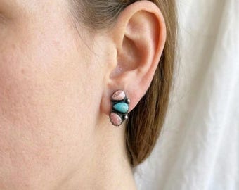 Pendientes de rodocrosita natural y turquesa, pendientes de plata de ley 925 estilo suroeste, joyería de piedra rosa estilo nativo americano.