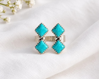 Anillo con racimo de turquesa auténtica, anillo llamativo de plata de ley 925 de estilo suroeste, anillo bohemio con forma de diamante de estilo nativo americano.