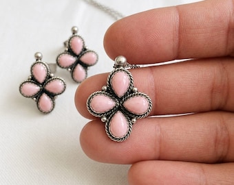 Conjunto de joyas de flor de ópalo rosa, collar y pendientes de plata de ley, joyería bohemia del suroeste con piedras preciosas, conjunto llamativo de piedra rosa, regalo para ella.