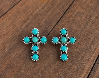 Pendientes de cruz de turquesa auténtica, pendientes de racimo de plata de ley 925 estilo suroeste, pendientes de botón estilo boho religioso nativo americano