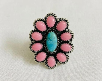 Anillo de concha rosa y turquesa, hecho a mano con plata de ley 925 estampada, anillo bohemio del suroeste.