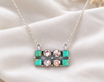Collar con barra de turquesa auténtica y magnesita Wild Horse, colgante de racimo estilo suroeste de plata de ley 925, joyería bohemia con múltiples piedras.