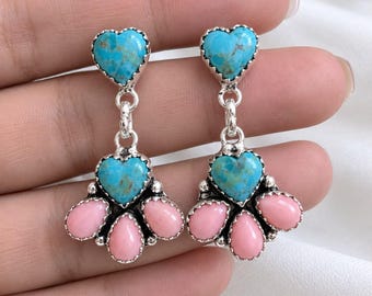 Pendientes colgantes de turquesa auténtica y ópalo rosa, pendientes colgantes de corazón estilo suroeste de plata de ley 925, joyería de estilo nativo americano.