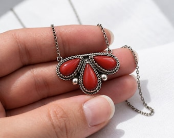 Collar de coral rojo, colgante de plata de ley, joyería bohemia del suroeste, collar de piedra preciosa roja, collar llamativo, regalo de joyería occidental