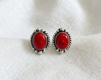 Pendientes de coral rojo auténtico en racimo, pendientes de plata de ley 925 estilo suroeste, joyería bohemia de coral estilo nativo americano