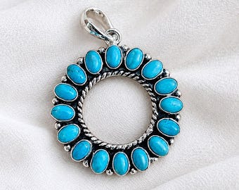 Collar con colgante redondo de turquesa Kingman auténtica, joyería de plata de ley estilo suroeste.