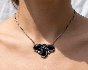 Collar de ónix negro, colgante de plata de ley, joyería bohemia del suroeste, collar de piedras preciosas negras, collar llamativo, regalo de joyería occidental