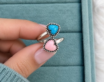 Anillo de corazón con ópalo rosa y turquesa / Anillo ajustable hecho a mano con piedras preciosas / Joyería bohemia llamativa, regalo para ella