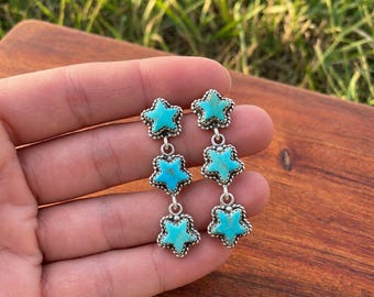Pendientes colgantes de estrella de turquesa auténtica, pendientes colgantes de plata de ley 925 estilo suroeste, joyería bohemia de tres piedras de estilo nativo americano.