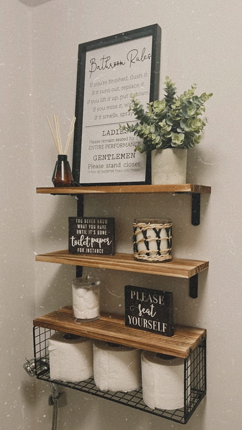 Set of 3 Rustic Wood Bathroom Shelves Over Toilet Storage Etsy