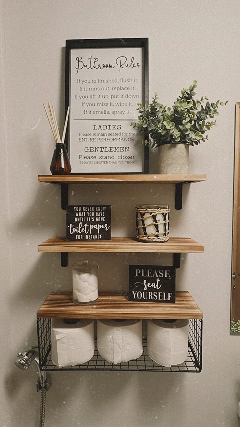 Set of 3 Rustic Wood Bathroom Shelves Over Toilet Storage Etsy