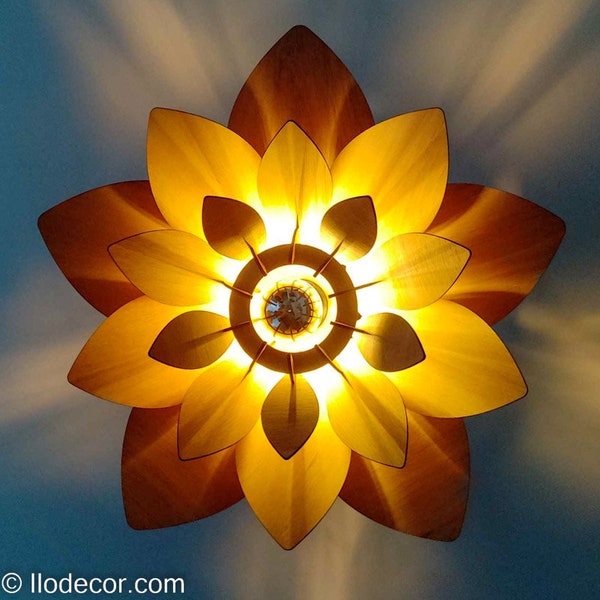 Lámpara colgante o de techo de flor de loto de madera - Artesanía elegante para decoración de paredes exóticas - Iluminación hecha a mano - Idea de regalo única