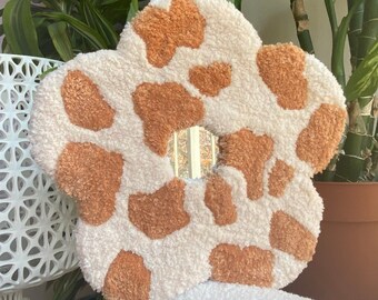 Tufted mirror - Flower – Cream & Caramel Cow Print –70's home decor - Wall Hanging Mirror – Handmade – Tufting - Rugs