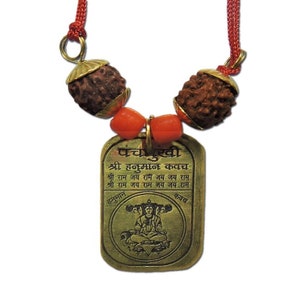Gold Brass Panchmukhi Hanuman Kavach Pendant with Real 5 Faced Rudraksha and Ashtadhatu Yantra for Unisex