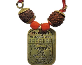 Colgante Panchmukhi Hanuman Kavach de latón dorado con Real 5 Faced Rudraksha y Ashtadhatu Yantra para Unisex