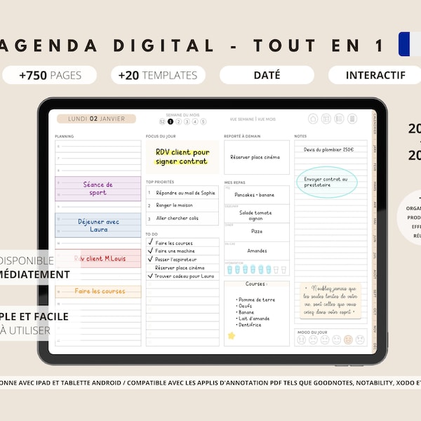 Agenda digital en français daté 2023 et 2024 et pour Ipad et tablette / Digital planner / Planificateur numérique / Organisateur / Etudiant