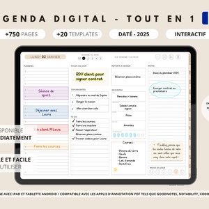 Agenda digital en français daté 2025 pour Ipad et tablette / Digital planner / Planificateur numérique / Organisateur / Etudiant / Business