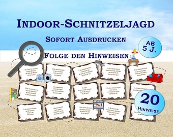 Indoor Schnitzeljagd mit 20 Hinweisen für Kinder ab 5 Jahren in Reimform z.B. zum Geburtstag zum sofort Ausdrucken (PDF, 5 Seiten)