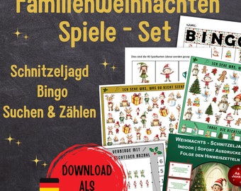May include: A set of printable Christmas games for families. The games include a bingo card, a find-the-object game, a connect-the-dots game, and a scavenger hunt. The games are designed for children ages 5 and up. Download as PDF.