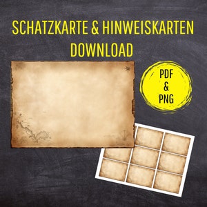 Leere Schatzkarte und Hinweiskärtchen als Download zum Ausdrucken (PDF und PNG)