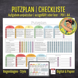 Può includere: Un elenco di controllo per la pulizia stampabile colorato con un design arcobaleno. L'elenco di controllo include attività di pulizia quotidiane, settimanali, mensili e annuali. Il titolo dell'elenco di controllo è "Putzplan | Checkliste".