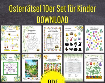 May include: A printable 10-page Easter activity set for kids. The set includes a crossword puzzle, a maze, a shadow matching game, a find the difference game, a Sudoku puzzle, a count the objects game, a word search, a connect the dots game, and a spring-themed maze. The set is designed for children to enjoy during the Easter season.