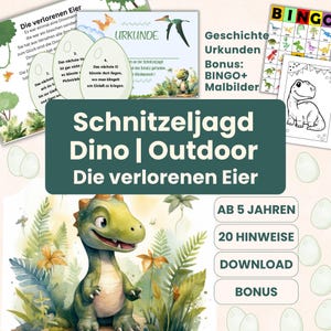 May include: A promotional image for a dinosaur-themed outdoor scavenger hunt. The image features a cartoon dinosaur, game instructions, a bingo card, and the text "Schnitzeljagd Dino | Outdoor Die verlorenen Eier".