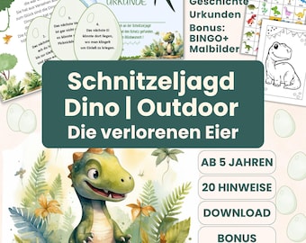Caccia al tesoro dei dinosauri in giardino – 20 indizi in rima per bambini dai 5 anni in su | Caccia al tesoro all'aperto per feste di compleanno per bambini | Download PDF + Pagine da colorare e Bingo