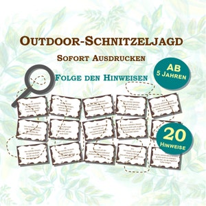 Outdoor scavenger hunt for the garden with 20 clues for children from the age of 5, e.g. for a birthday in rhyme form to print out (PDF, 5 pages)