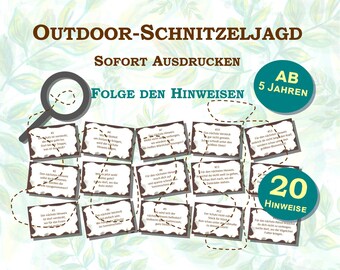 Outdoor Schnitzeljagd für den Garten mit 20 Hinweisen für Kinder ab 5 Jahren z.B. zum Geburtstag in Reimform zum Ausdrucken (PDF, 5 Seiten)