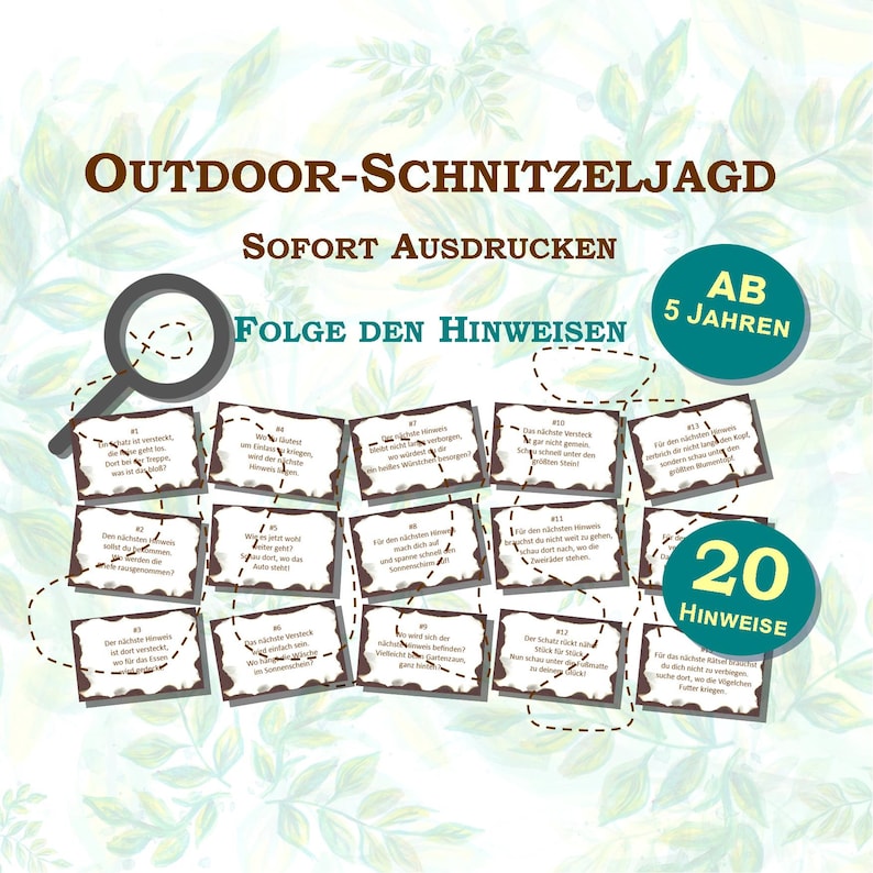 Outdoor scavenger hunt for the garden with 20 clues for children from the age of 5, e.g. for a birthday in rhyme form to print out PDF, 5 pages image 1